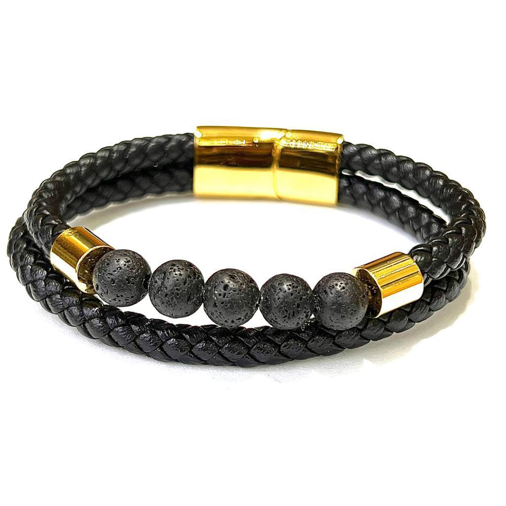 Pulsera de Piel doble Piedra Volcánica