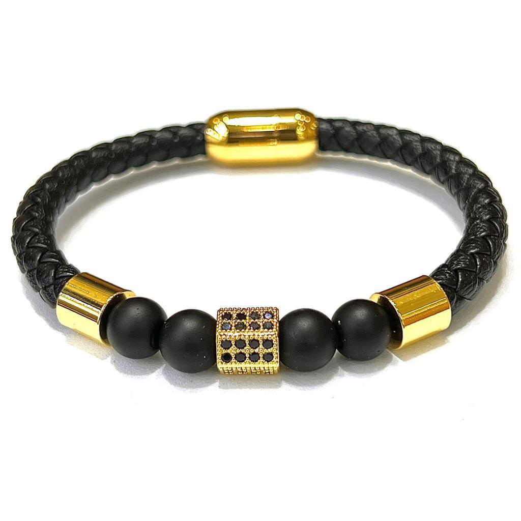 Pulsera de Piel Piedra Onix Dorada