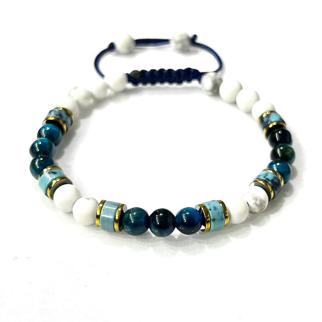 Pulsera de Piedra Natural Howlita y Ojos de Tigre Azul