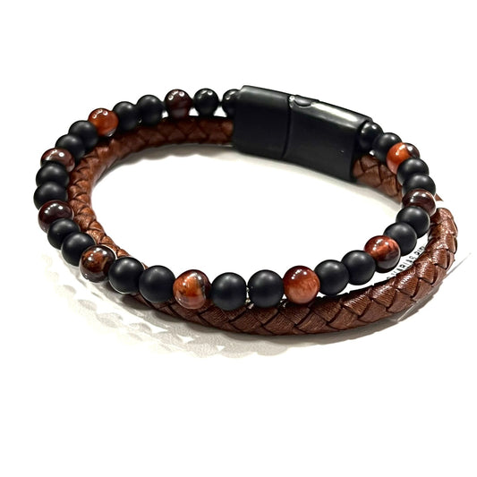 Pulsera Doble con Piel Cafe y Piedras Naturales