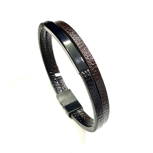 Pulsera Piel Doble Bitono Placa Negra